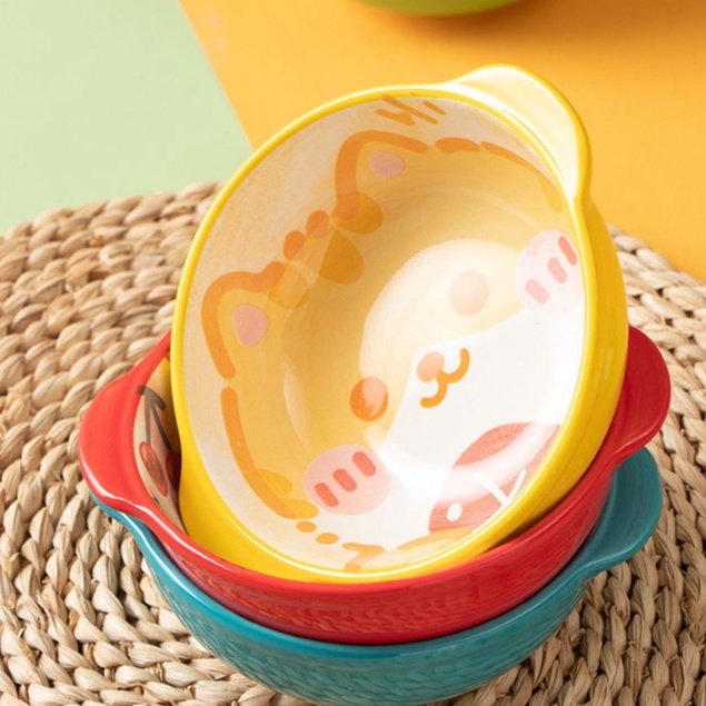 Bát  gốm sứ ăn cơm ăn dặm cho bé có quai cầm dễ thương hình thỏ 400ml LABAMO BS03