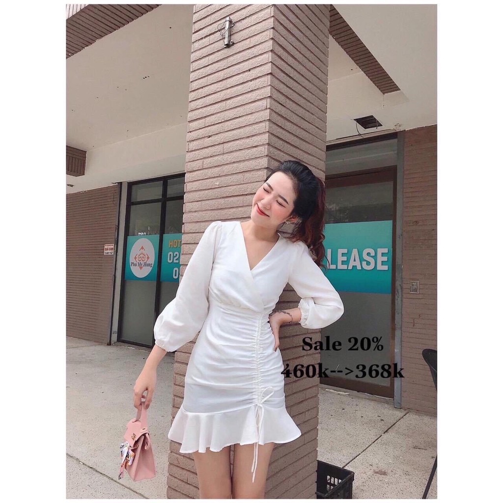 Đầm nữ dự tiệc chéo ngực rút rây eo