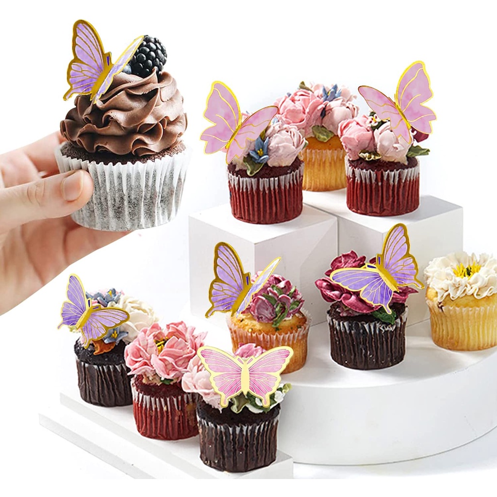 Set 10 Bươm Bướm Màu Hồng / Tím / Tím / Hồng Trang Trí Bánh Kem Tráng Miệng Diy