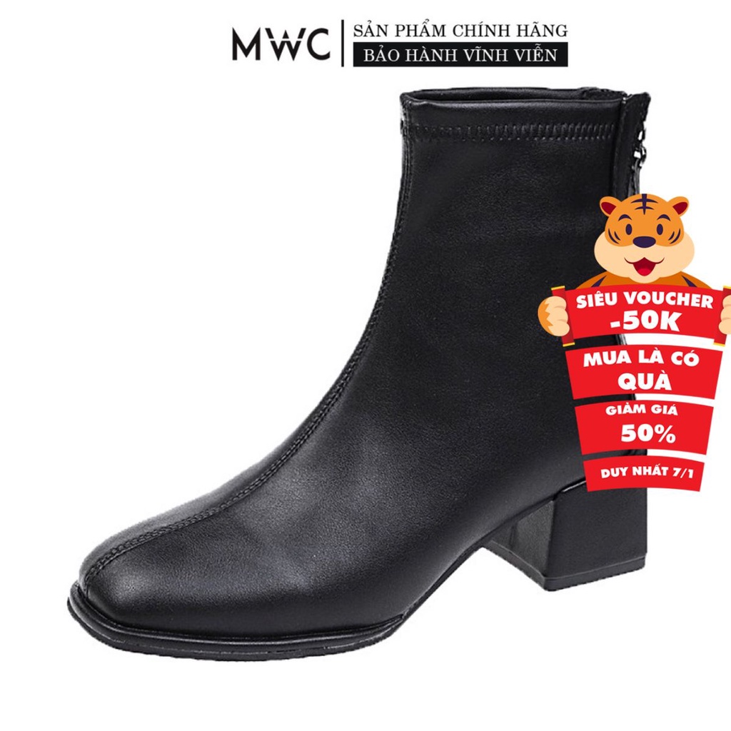 Giày Boots Nữ thời trang MWC Boots cổ thấp gót vuông 5p dáng bốt lửng màu đen phong cách hàn quốc NUBO-9103