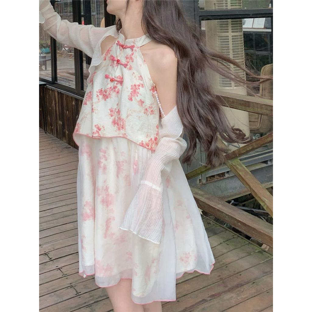 Sườn Xám Cách Tân Tiểu Thư Họa Tiết Hoa Anh Đào Siêu Xinh