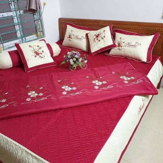 Bộ chăn ga cưới satin thêu hoa 7 món (Nhiều màu) - hàng uy tín
