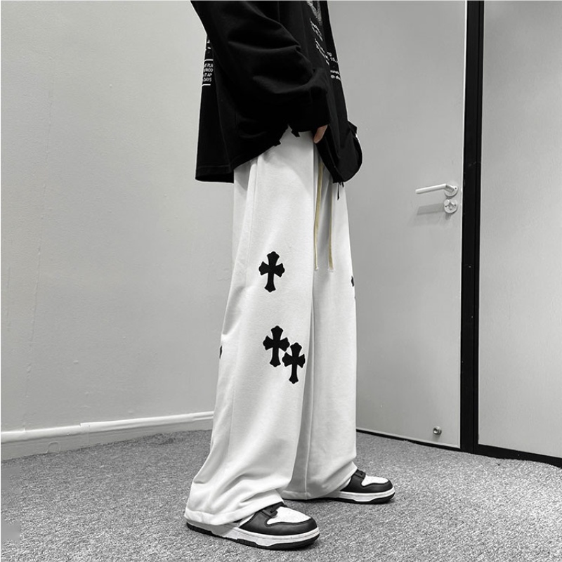 ♞AFF LIGA♞ Quần dài lưng thun dáng rộng thêu họa tiết chữ thập phong cách đường phố cá tính cho nam