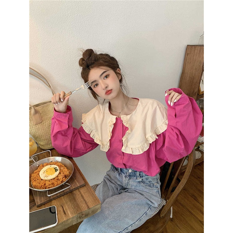 Áo sơ mi cổ búp bê phối bèo dáng rộng màu tương phản phong cách Hàn Quốc thời trang mùa thu cho nữ
