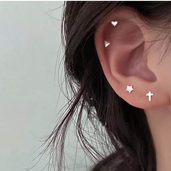 Bông tai bạc Bông nụ hình học Vuông tròn tam giác bạc trơn Van Jewelry V10768