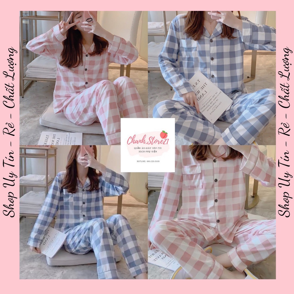 Đồ Ngủ Nữ Bộ Mặc Nhà Pijama Kẻ Caro Xanh Hồng Dài Tay Xinh Xắn Chất Liệu Lụa Sữa Co Dãn Mềm Mịn Đủ Size M L XL XXL