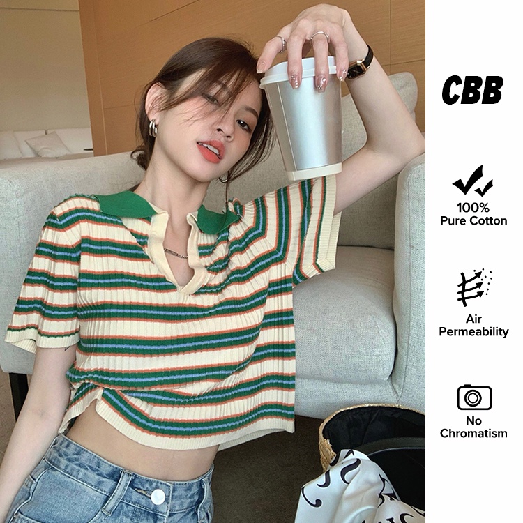 Porozi  Áo croptop polo  thun dệt kim tay ngắn họa tiết sọc ngang thời trang dành cho nữ