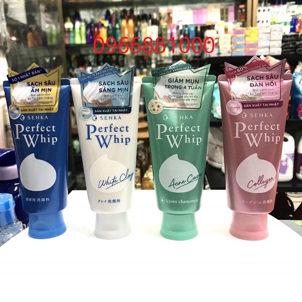 Senka Sữa Rửa Mặt Perfect Whip 120g Xanh Dưỡng Ẩm, Xanh Nhạt Giảm Mụn Kiểm Soát Nhờn, Trắng Sáng Da, Hồng Chống Nhăn