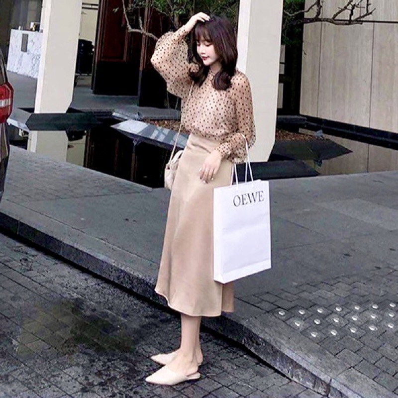 Chân váy dài chất vải lụa satin cao cấp Uniqlo 2 lớp cạp cao (cam kết hàng chuẩn auth)