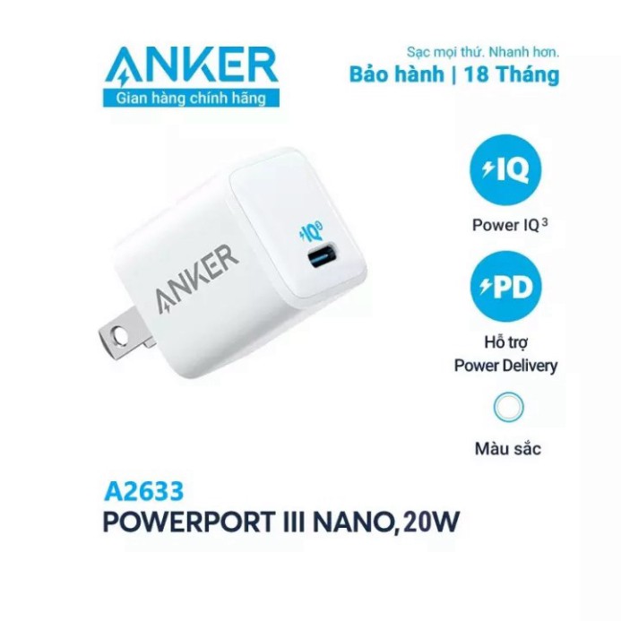 Sạc nhanh Anker Powerport III Nano 20W A2633 Chính hãng BH 18 tháng