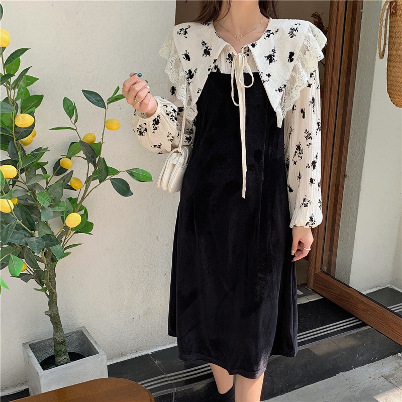 Đầm PERTY phối ren cổ thắt nơ size lớn phong cách Hàn Quốc thời trang xinh xắn dành cho nữ