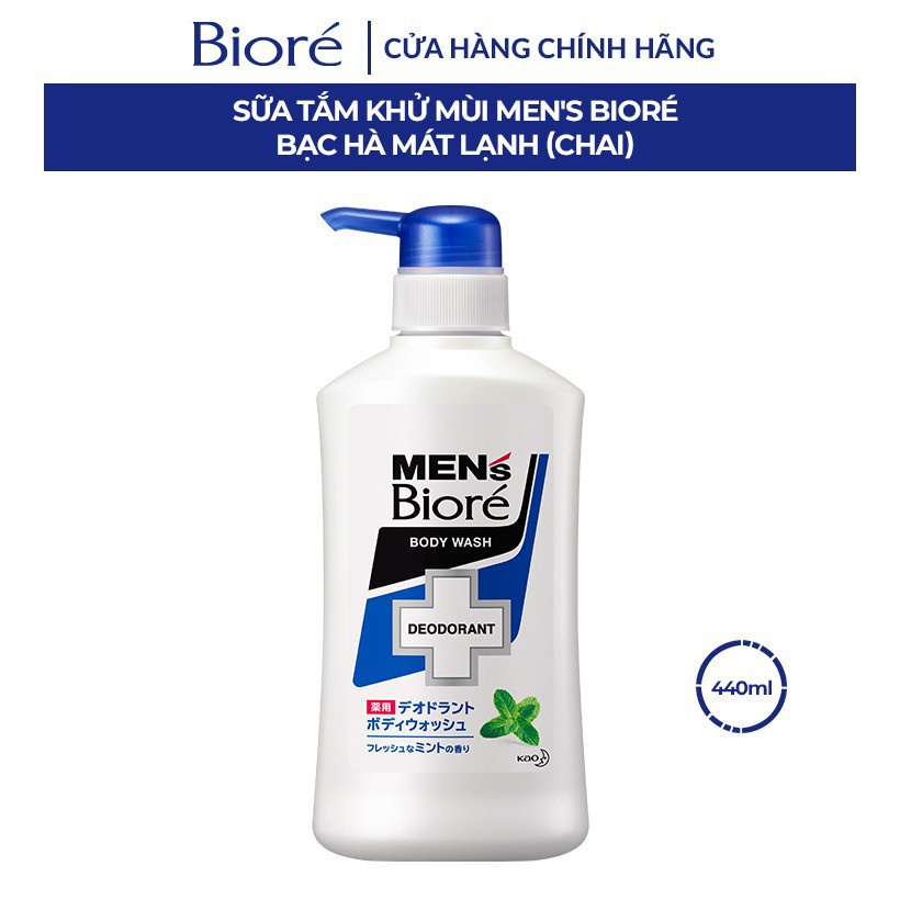 Bioré Sữa Tắm Khử Mùi Men Deodorant – Bạc Hà Mát Lạnh (Chai) 440ml Tặng Túi Sữa Tắm 380ml