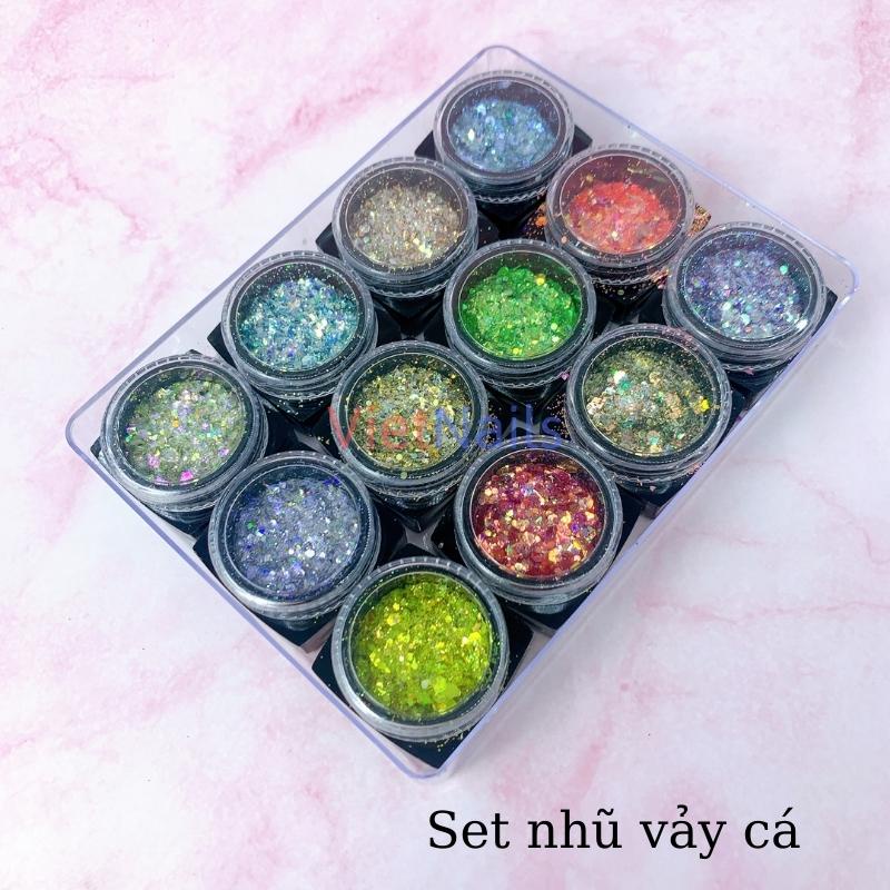 Set nhũ kim tuyến vảy cá 12 màu trang trí móng nail