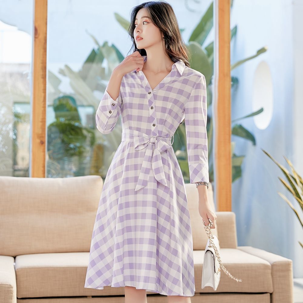 2020 new autumn dress long sleeve Korean version simple slim fit mid long fashion Plaid Dress | BigBuy360 - bigbuy360.vn