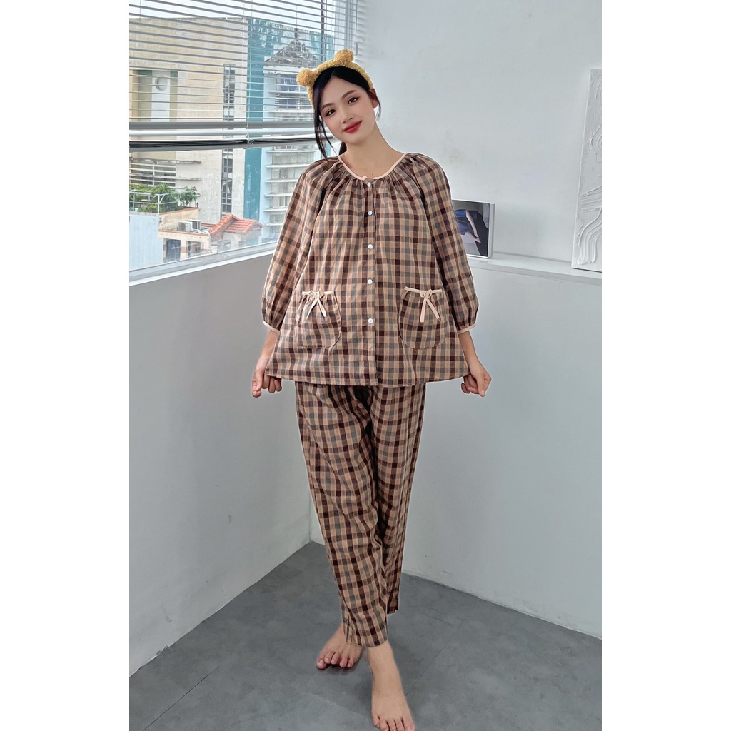 Bộ bầu mặc nhà kết hợp sau sinh karo trẻ trung