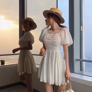 Đầm tay phồng nhún ngực-xem ảnh thật