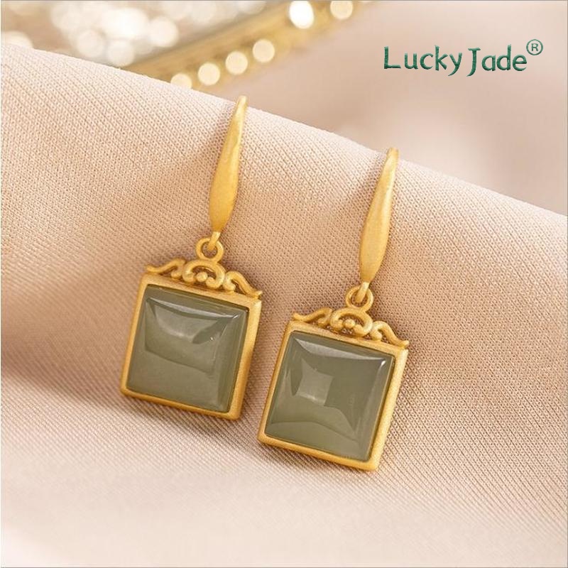 Bông Tai Mạ Vàng 18K Đính Đá Ngọc Bích Phong Cách Trung Hoa Thời Trang