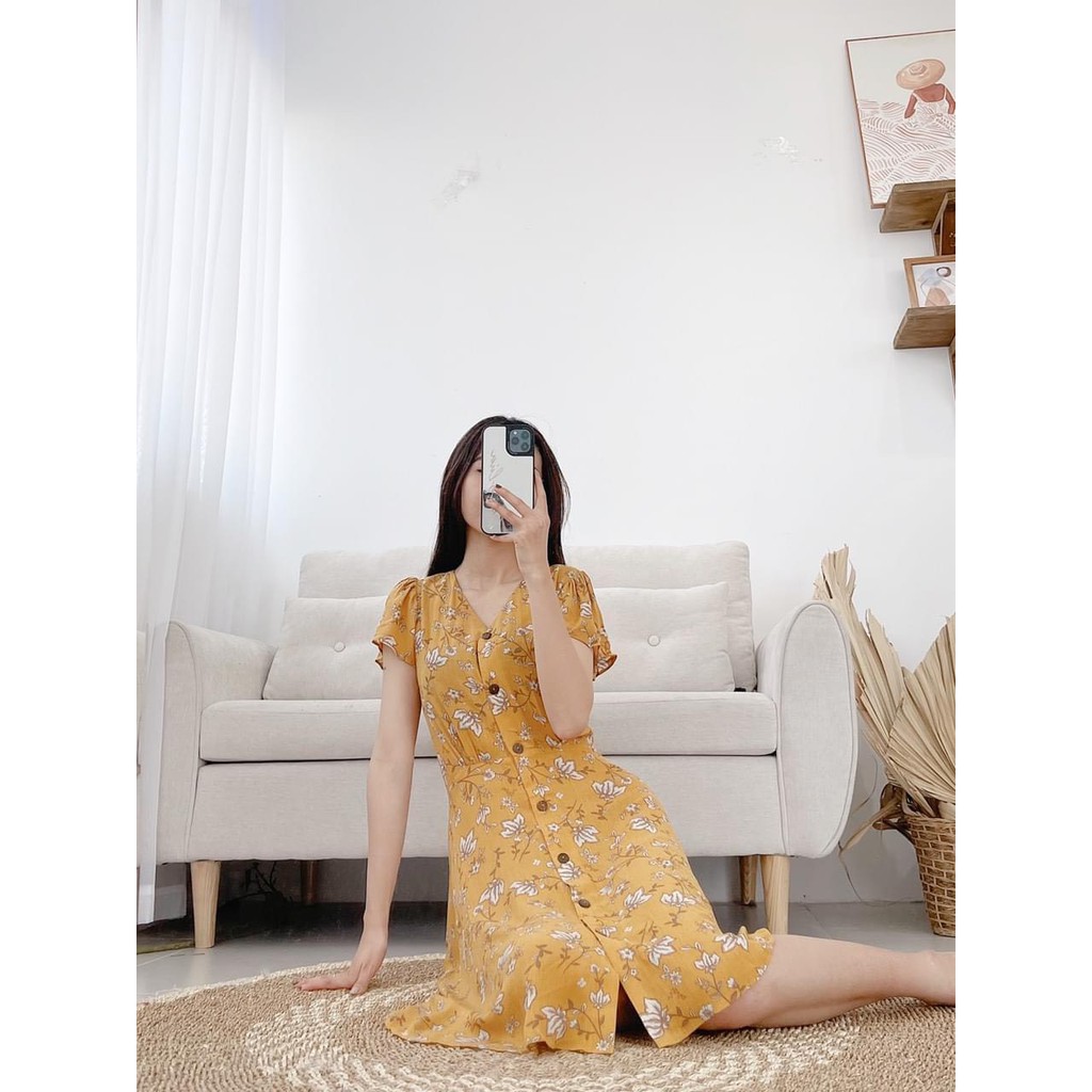 LIIN - Đầm nữ chất lanh lụa vàng thoáng mát, thiết kế hoa nhí trẻ trung, nữ tính