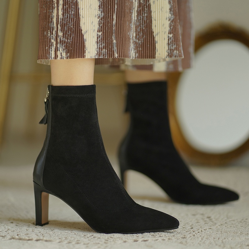 Giày boots cao gót da lộn khóa sau mũi nhọn công sở phong cách vintage Hàn Quốc