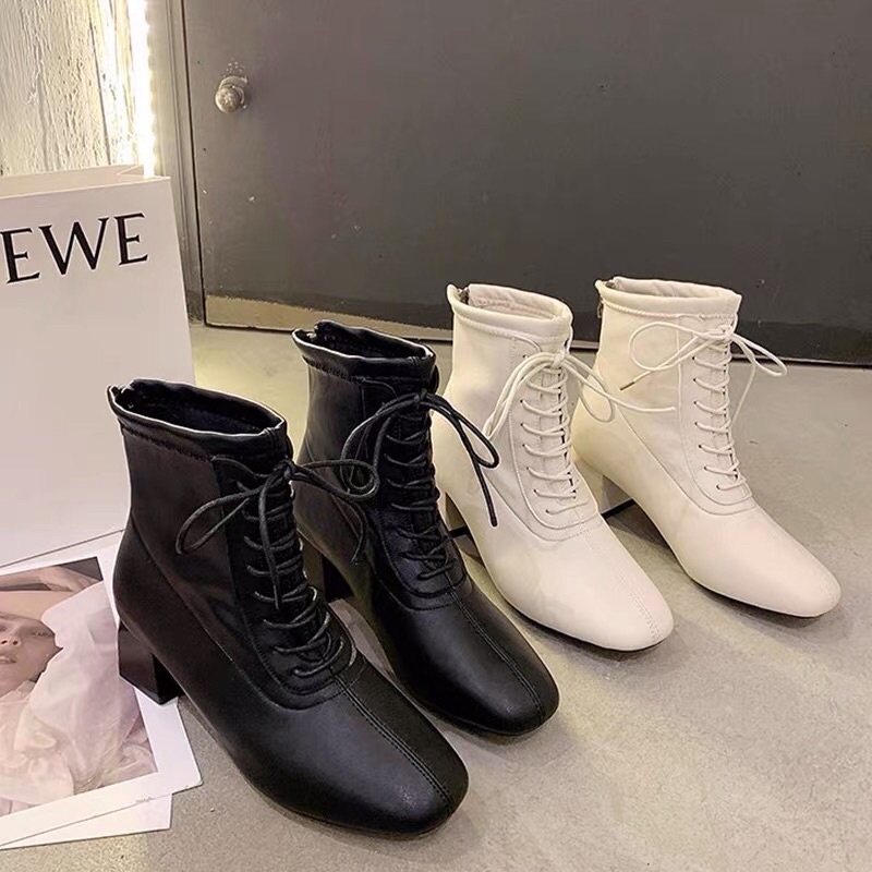 Giày Boot Nữ Cổ Cao Bốt Nữ Nhiều Dây Buộc Trước Có Khoá Kéo Sau Bên trong lót Lông