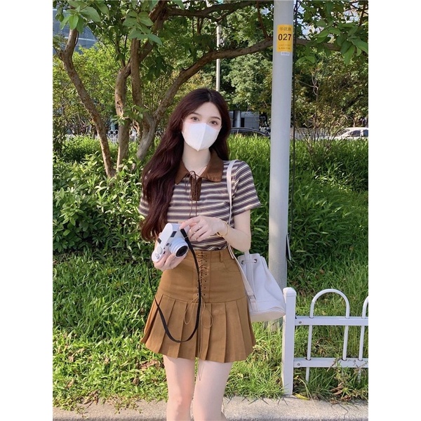 Set đồ nữ Áo polo + chân váy xoè phong cách hàn quốc