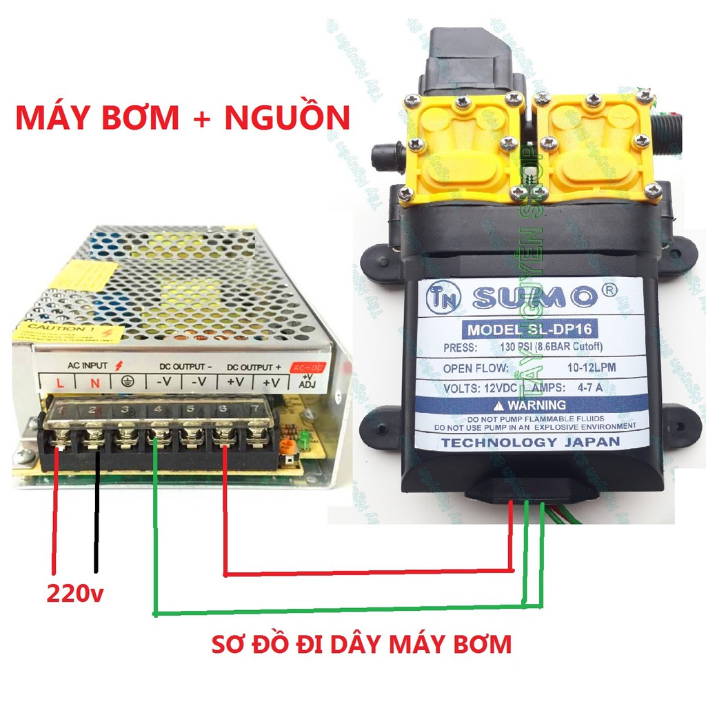 Bộ Máy bơm đôi SUMO mẫu mới 2020 và nguồn TỔ ÔNG 12v 10A - Bơm Phun Sương - Bơm Tăng áp