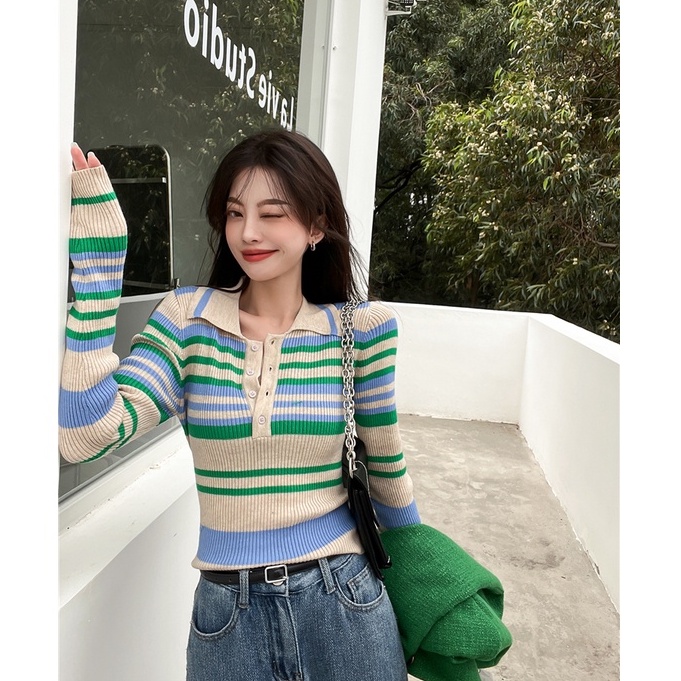 Áo Thun POLO Dài Tay Họa Tiết Sọc Ngang Thời Trang Dành Cho Nữ
