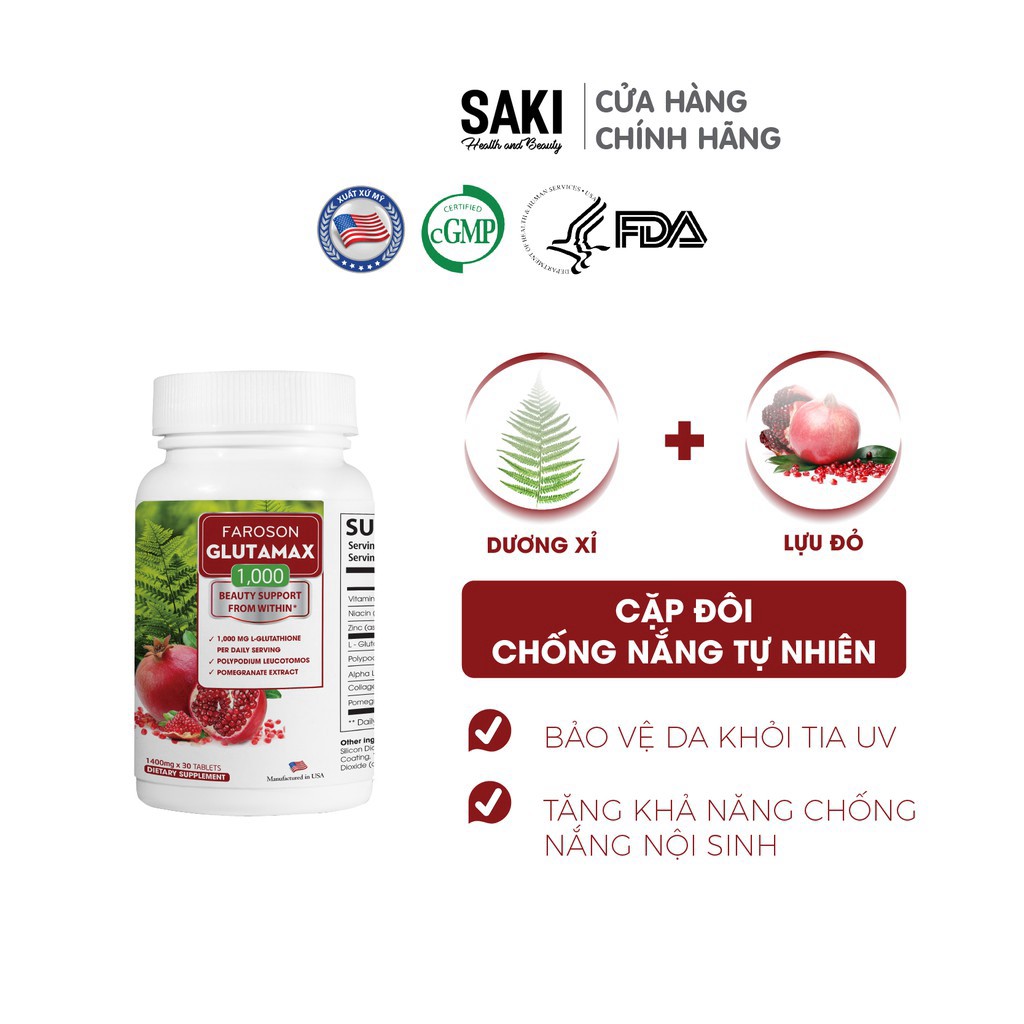 Viên uống giảm nám trắng da chống nắng Glutamax 1000 hộp 30 viên | Thế Giới Skin Care