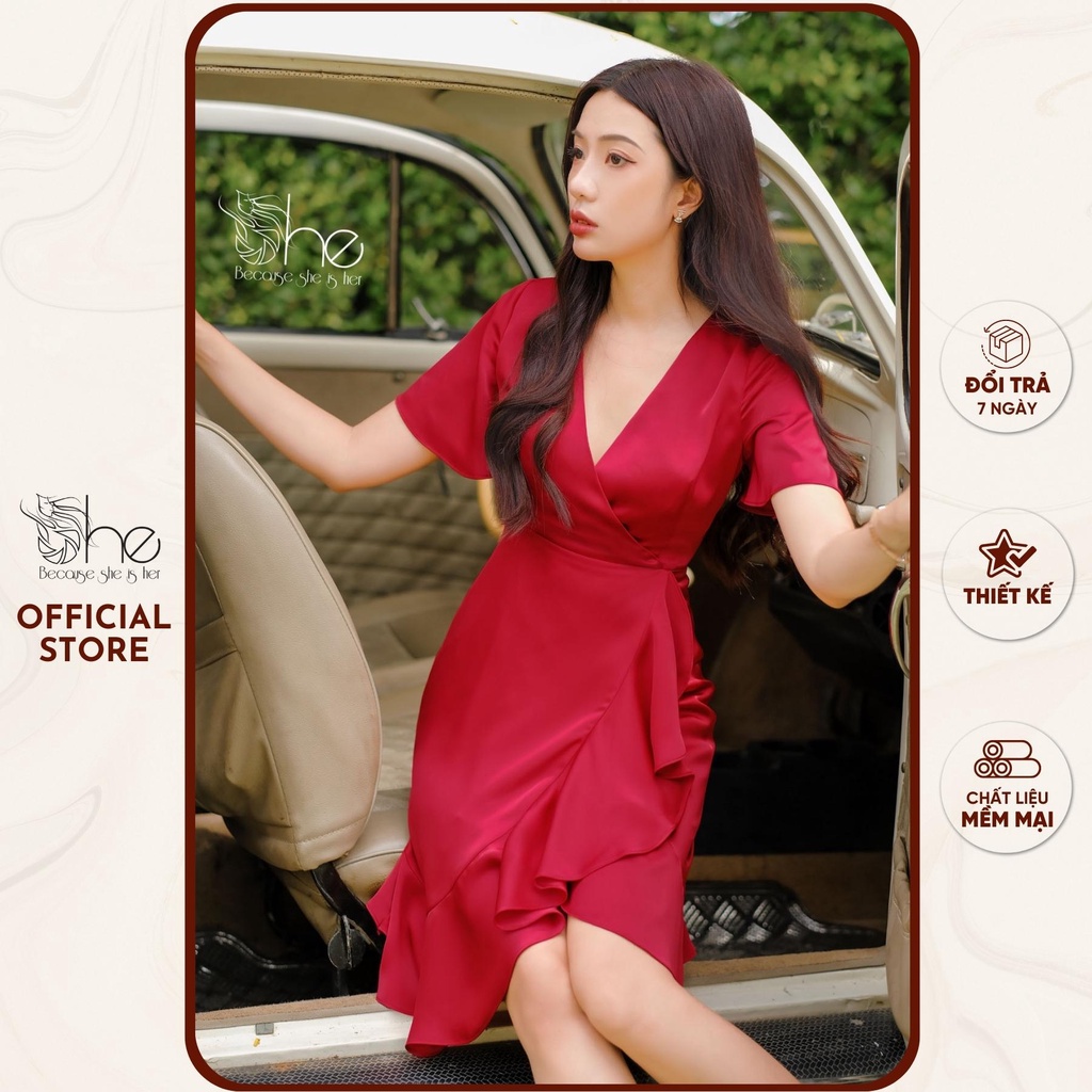 Đầm dự tiệc lụa sang trọng đẹp She, Váy nữ V phối bèo công sở đi làm SDX118