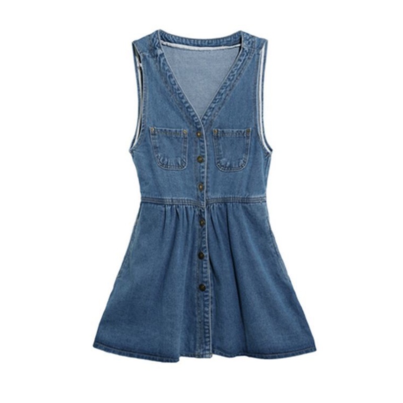 Đầm denim IELGY sát nách cổ chữ V màu xanh dương ngọt ngào