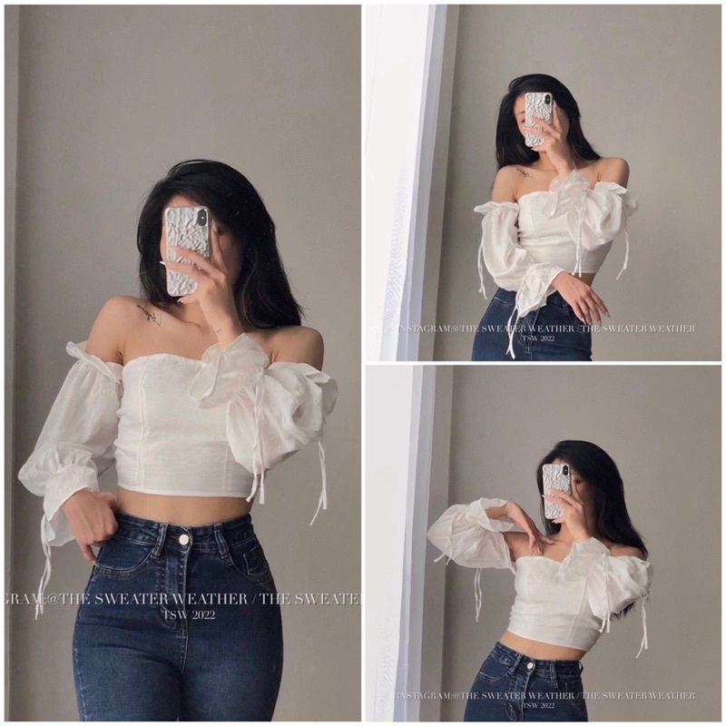 Áo crotop trắng trễ vai tay bèo freesize Chất thô mềm, Áo sơ mi trễ vai from chuẩn ảnh dễ thương (ảnh thật)