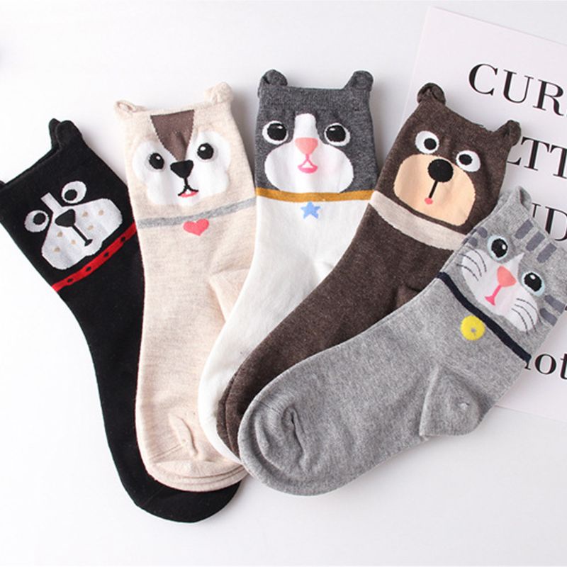 Bộ 5 Đôi Vớ Cotton Cổ Thấp In Họa Tiết Hoạt Hình Chó Mèo 3D Thoáng Khí Phong Cách Harajuku Cho Nữ