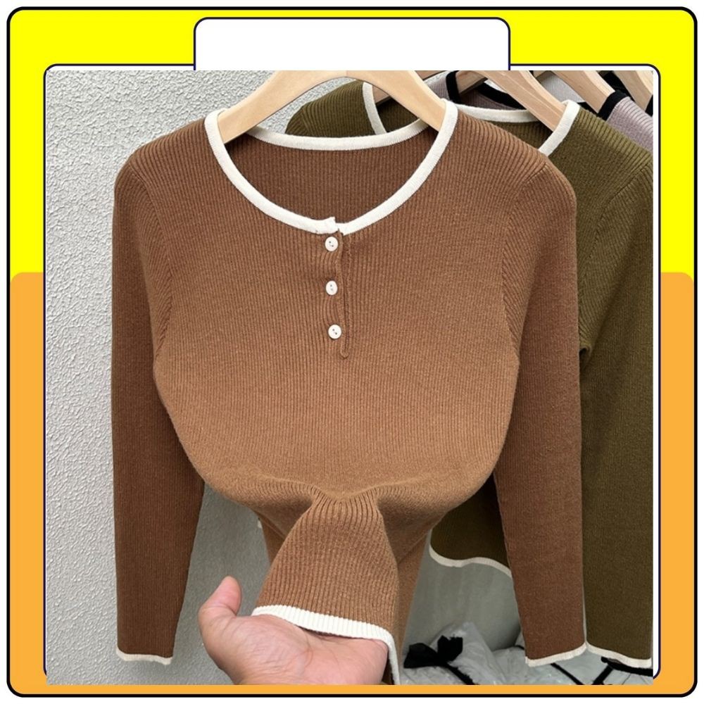 Áo sweater tay dài cổ tròn body nữ, áo len cúc nhiều màu nữ thời trang Queenshop