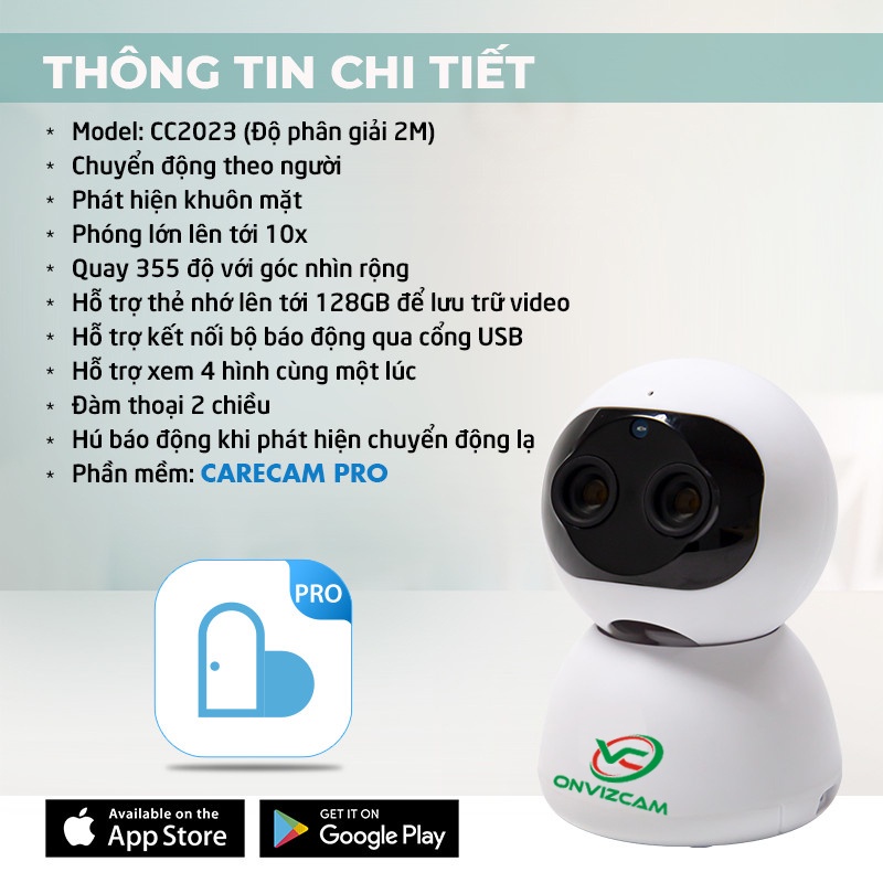 [BH 18 THÁNG] Camera ONVIZCAM RB20 wifi robot mắt kép siêu zoom 10x sử dụng app Carecam pro