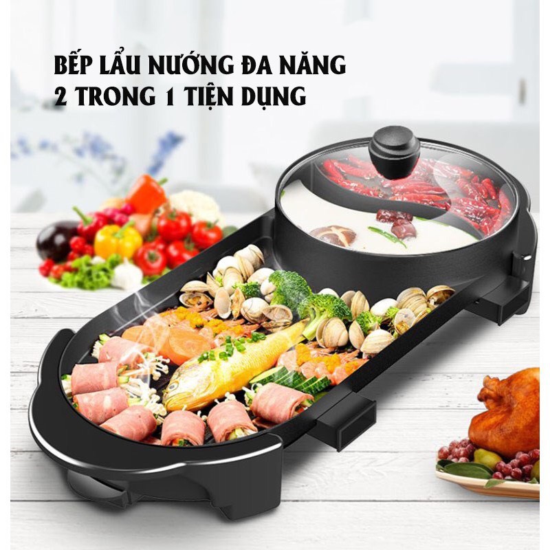 Bếp lẩu nướng Đa năng 2 trong 1, Công suất 2150W bề mặt chống dính truyền nhiệt nhanh, tiện lợi cho mọi gia đình