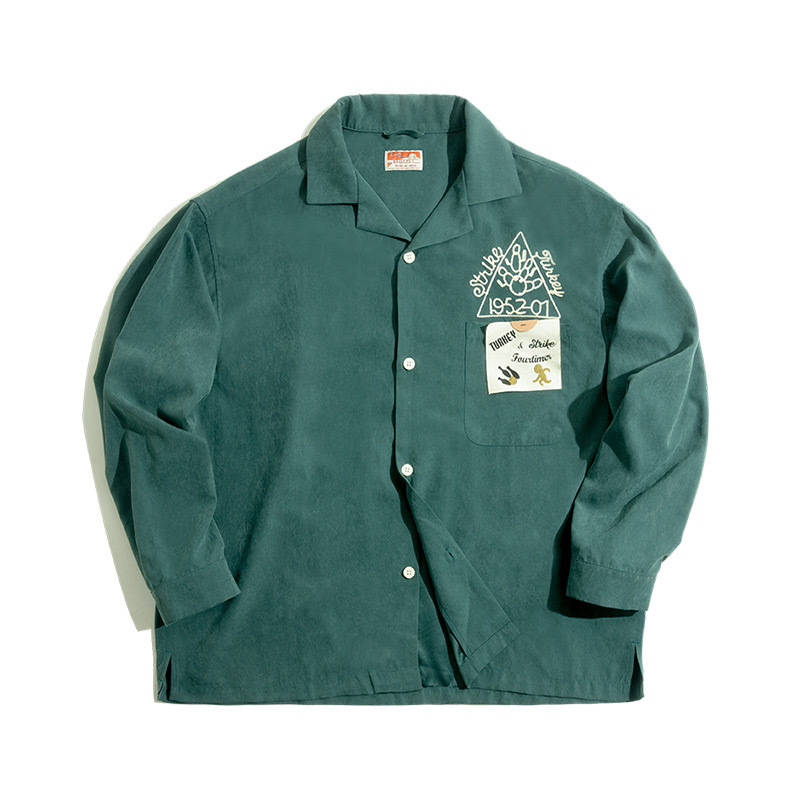 Maden brand re-tooling Cuban American Bowling shirt embroidered collar peach doing the old dark green shirt sanding