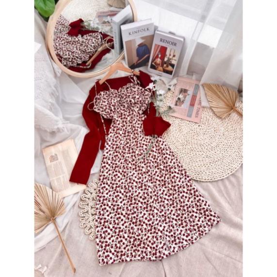 Set váy nữ VAYO Đầm 2 dây nữ hoa nhí dáng dài xòe đỏ và áo khoác cardigan croptop dài tay vải len mềm mịn đẹp thời trang | BigBuy360 - bigbuy360.vn