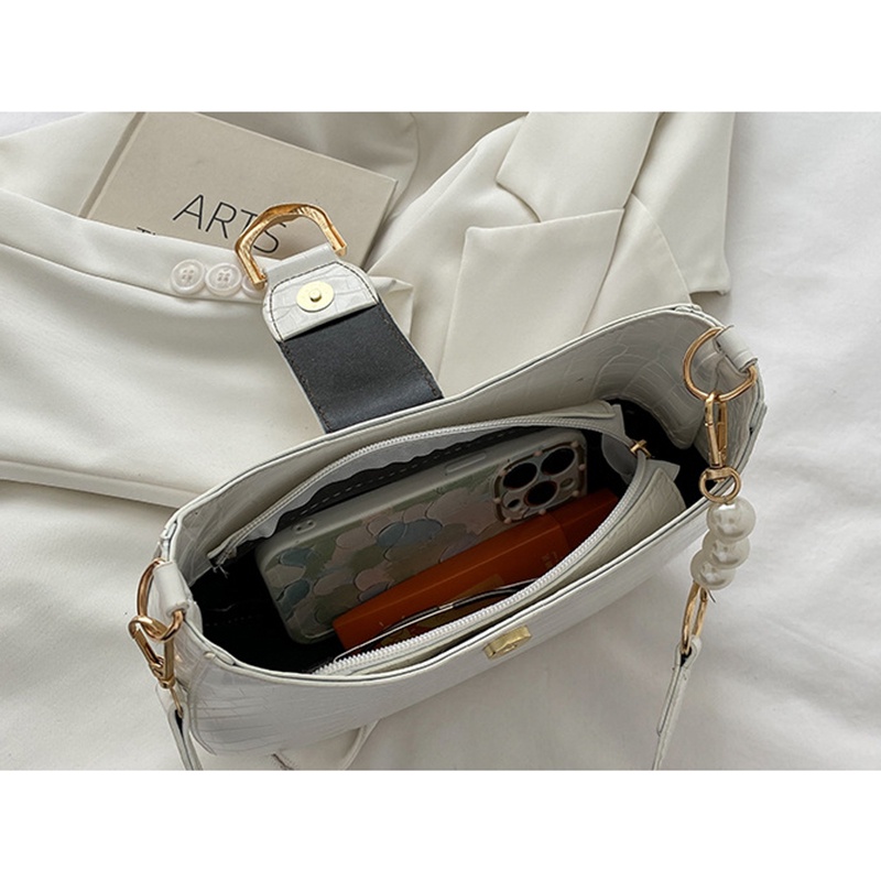 IELGY Túi Đeo Vai Hình Tròn In Họa Tiết Da Cá Sấu Đính Ngọc Trai Giả Thời Trang Cho Nữ