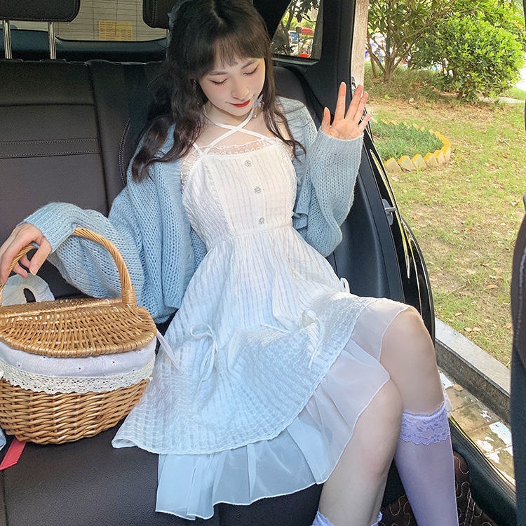 Bộ Đầm Công Chúa Phối Áo sweater Đính Nơ Kiểu Hàn Quốc Thời Trang Xuân Thu Cho Bé Gái