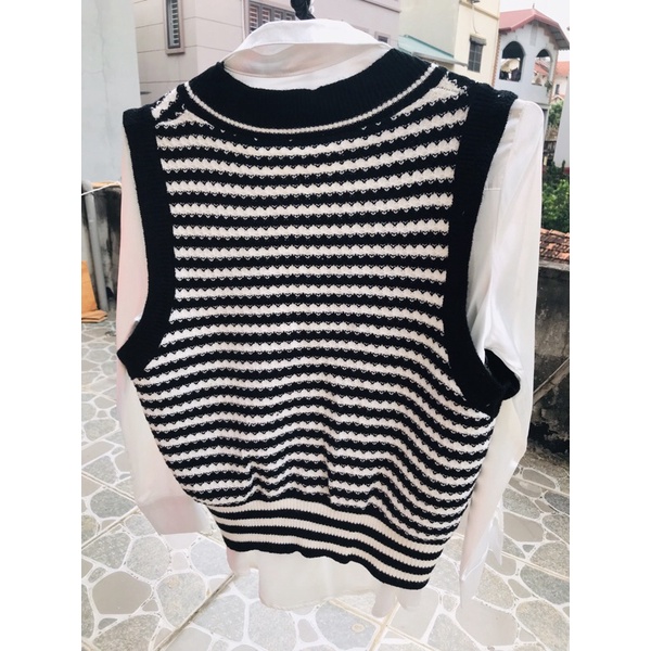 Set Áo Ghi Lê Len Sọc Ngang Kết Hợp Sơ Mi Trắng  - Thời Trang Thu Đông Nữ