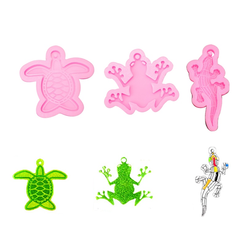 Bộ 3 Khuôn Làm Móc Khóa Resin Epoxy Resin Hình Rùa / Thằn Lằn / Ếch Sáng Bóng DIY