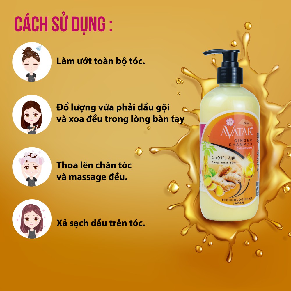 Dầu gội thảo mộc AVATAR Gừng &amp; Nhân Sâm 500ml Ngăn tóc gãy rụng Kích thích mọc tóc nhanh