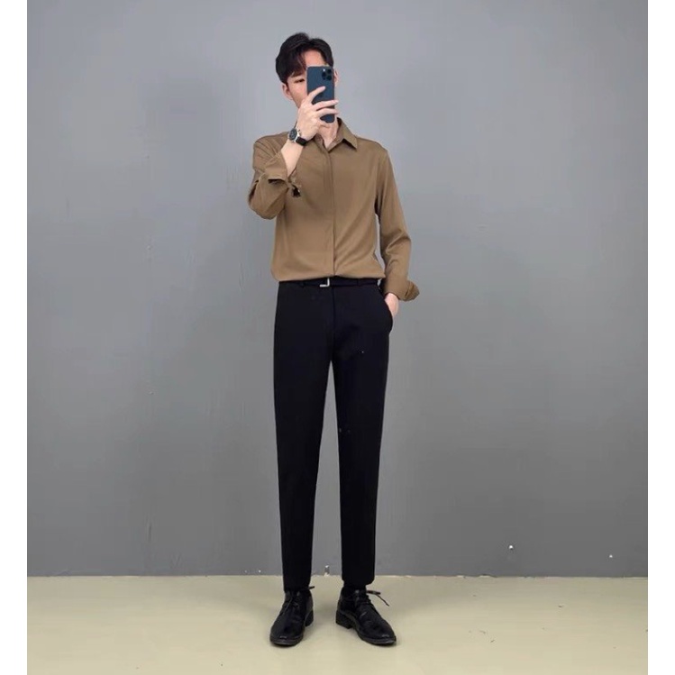 Áo sơ mi nam lụa trơn cao cấp không nhăn kiểu giấu cúc Đen Trắng Nâu - form đẹp vừa ôm , suông rộng thời trang Hàn Quốc