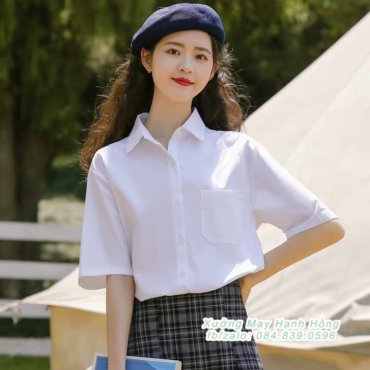 Áo sơ mi nữ tay lỡ túi ngực, Áo sơ mi cộc tay trơn 5 màu oversize