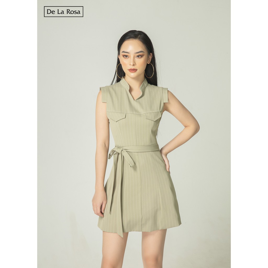 Đầm váy sọc xanh trắng thiết kế cổ trụ đai lưng công sở dự tiệc - De La Rosa | BigBuy360 - bigbuy360.vn