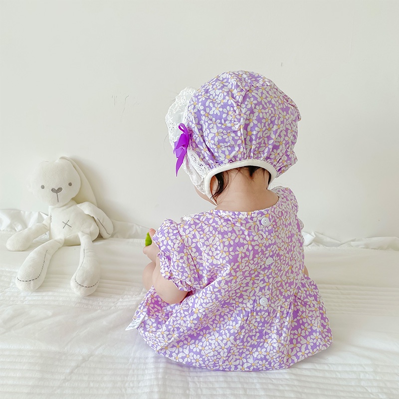 Bộ Áo Liền Quần Công Chúa Phối Ren Hoa Kèm Nón Thời Trang Mùa Hè Cho Bé Gái Sơ Sinh