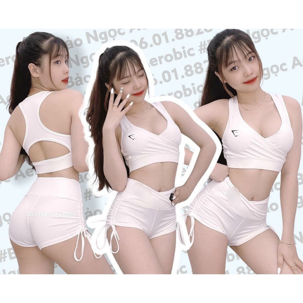 Set bộ đùi thể thao tập gym yoga nữ áo bra kèm mút quần đùi cạp chéo dây rút cao cấp Bin Sport BN023