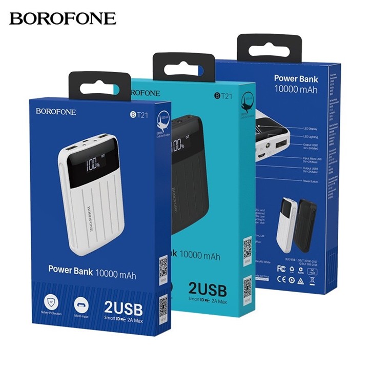 Pin Dự Phòng Borofone BT21 Màn Hình LCD 2 USB Có Đèn Pin Dung Lượng 10000mAh