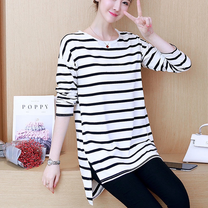 Áo Thun Tay Dài Kẻ Sọc Plus Size Thời Trang Thu Đông Cho Nữ Trung Niên