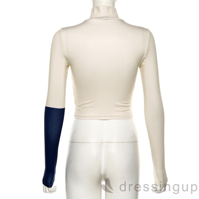 Áo thun dáng ngắn tay dài cổ cao in họa tiết thời trang cá tính cho nữ